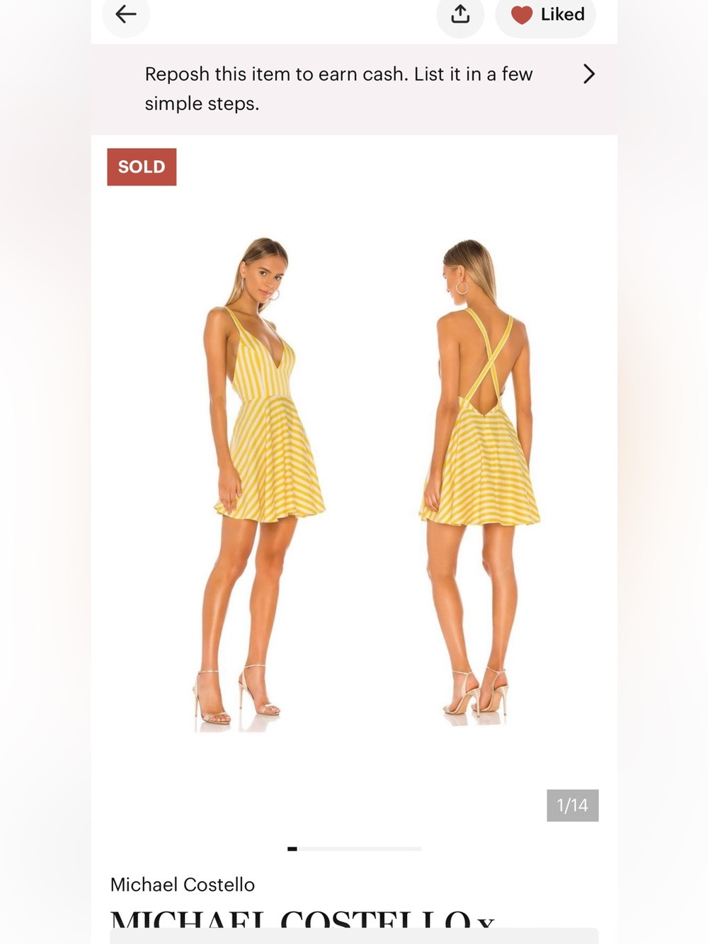 MICHAEL COSTELLO x REVOLVE Sala Mini Dress in Yellow Stripe S NWOT